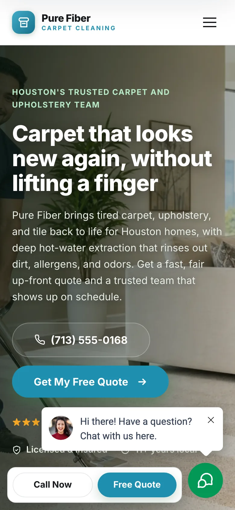 Pure Fiber Carpet Cleaning demo website, mobile view