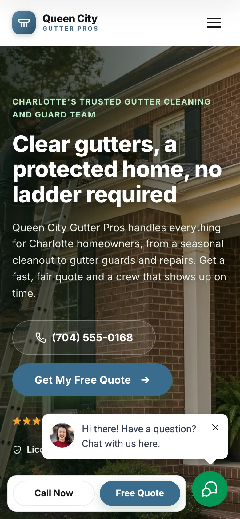 Queen City Gutter Pros demo website, mobile view