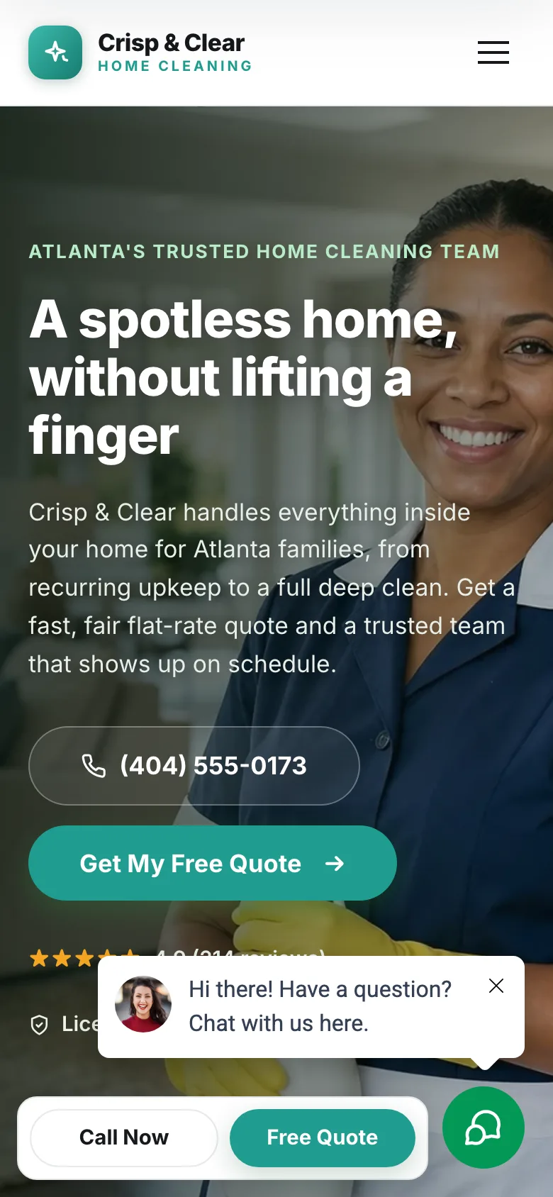 Crisp & Clear Home Cleaning demo website, mobile view