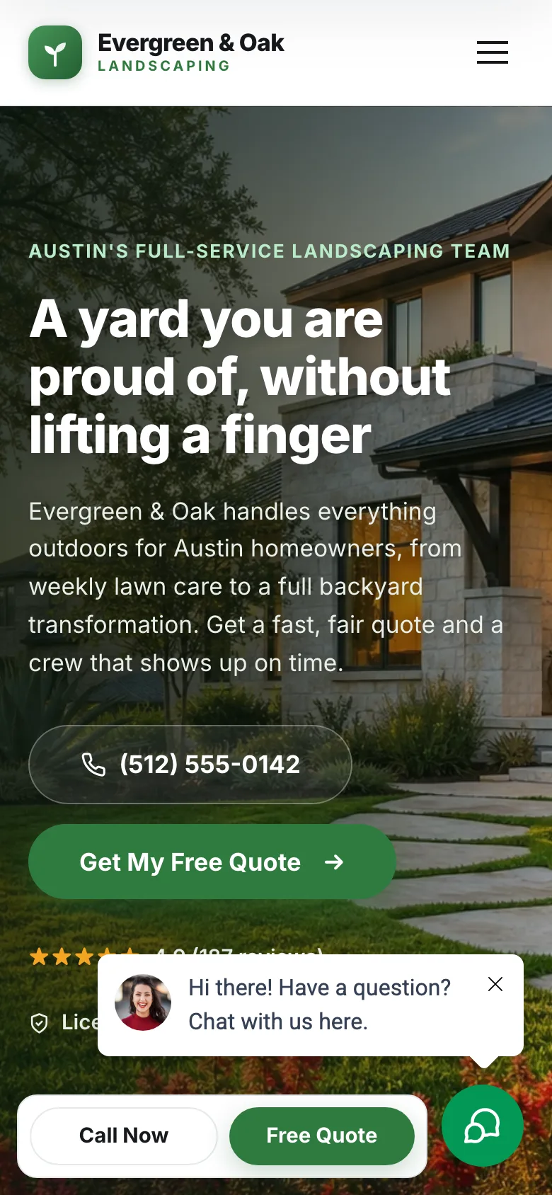 Evergreen & Oak Landscaping demo website, mobile view