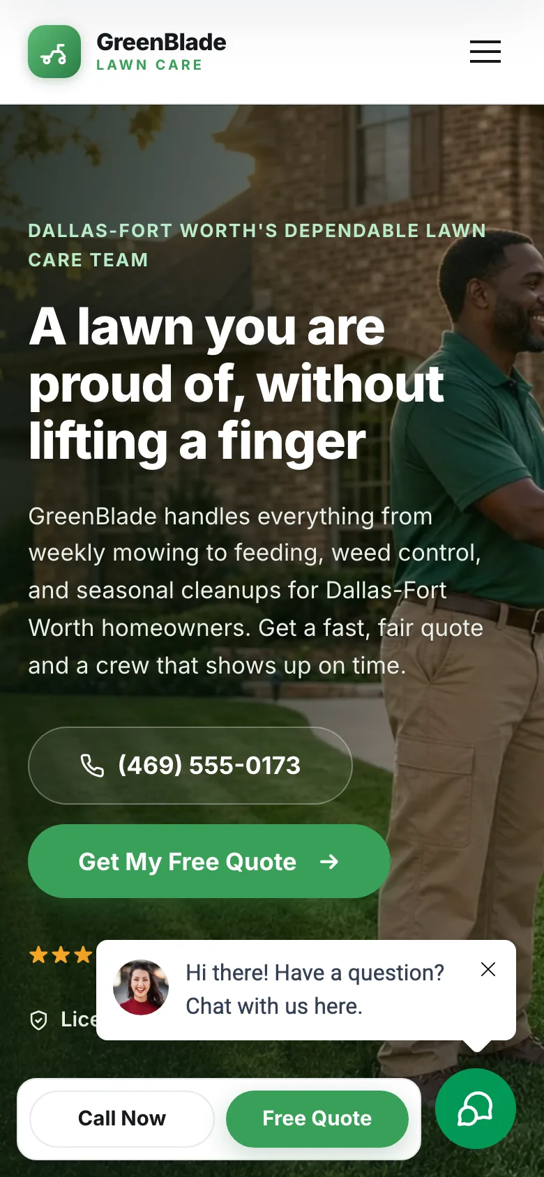 GreenBlade Lawn Care demo website, mobile view