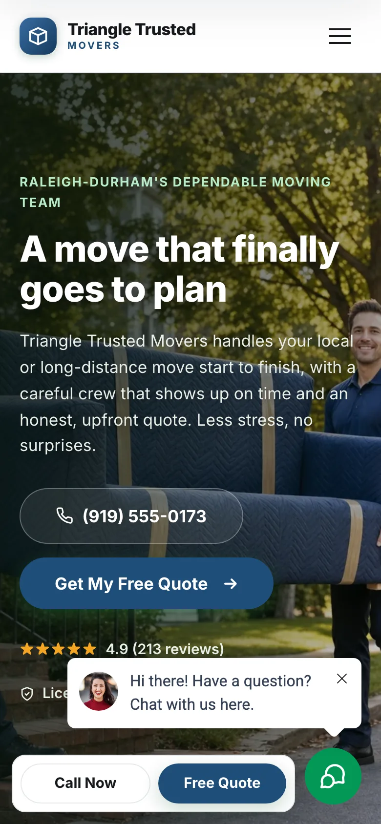 Triangle Trusted Movers demo website, mobile view