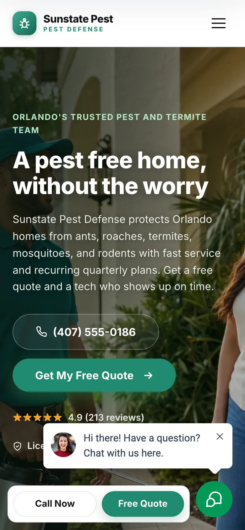Sunstate Pest Defense demo website, mobile view