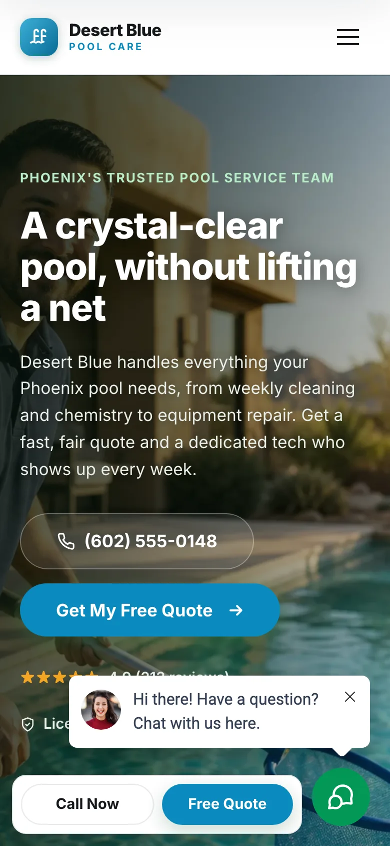 Desert Blue Pool Care demo website, mobile view