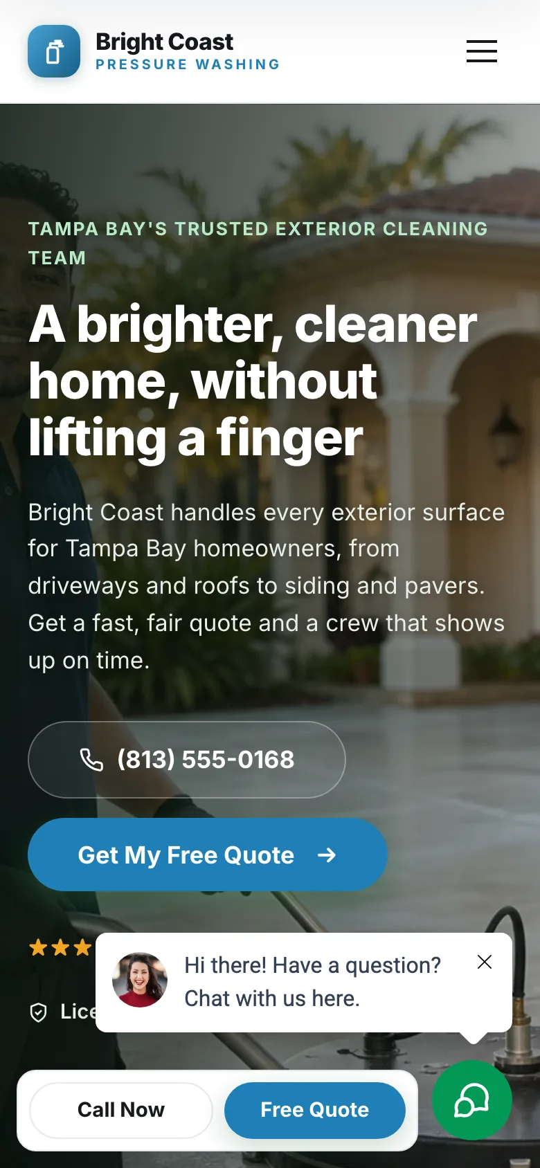 Bright Coast Pressure Washing demo website, mobile view