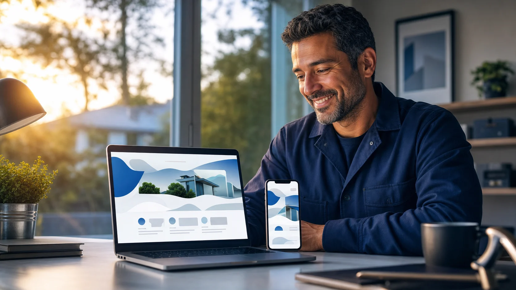 A contractor viewing his new website on a laptop and phone