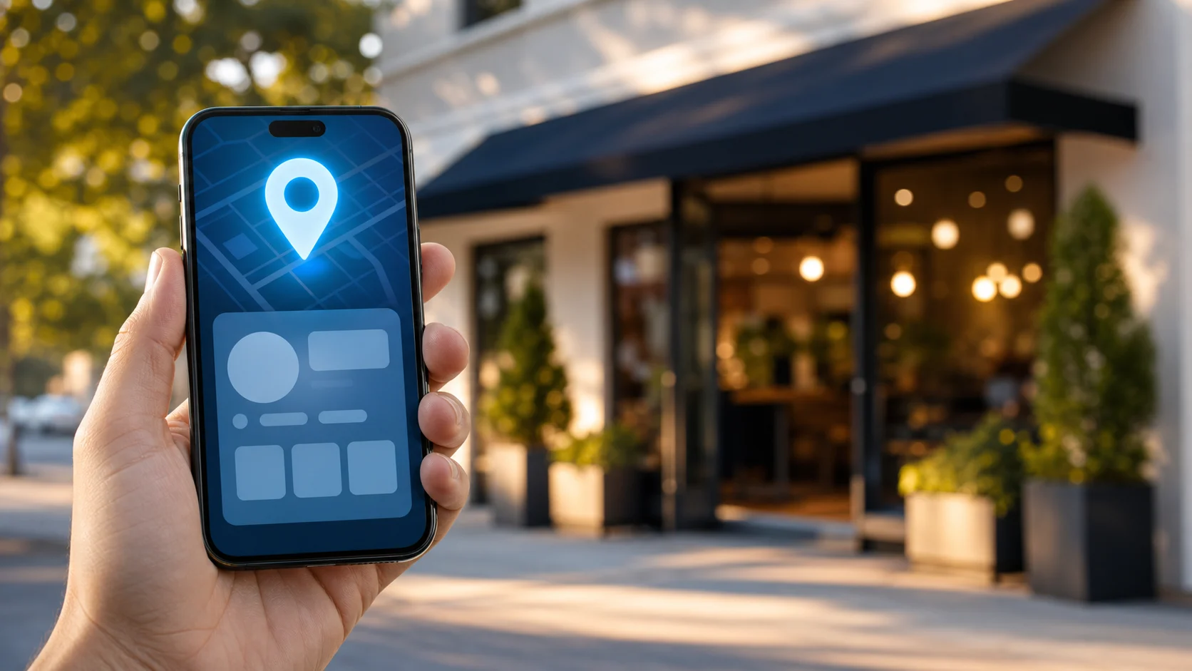 A phone showing a Google Business Profile and map pin
