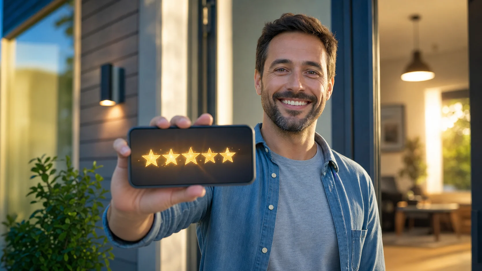 A homeowner leaving a five-star review on a phone