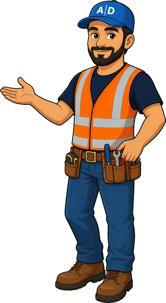 Alexo mascot, a cartoon builder in a blue A|D cap, presenting